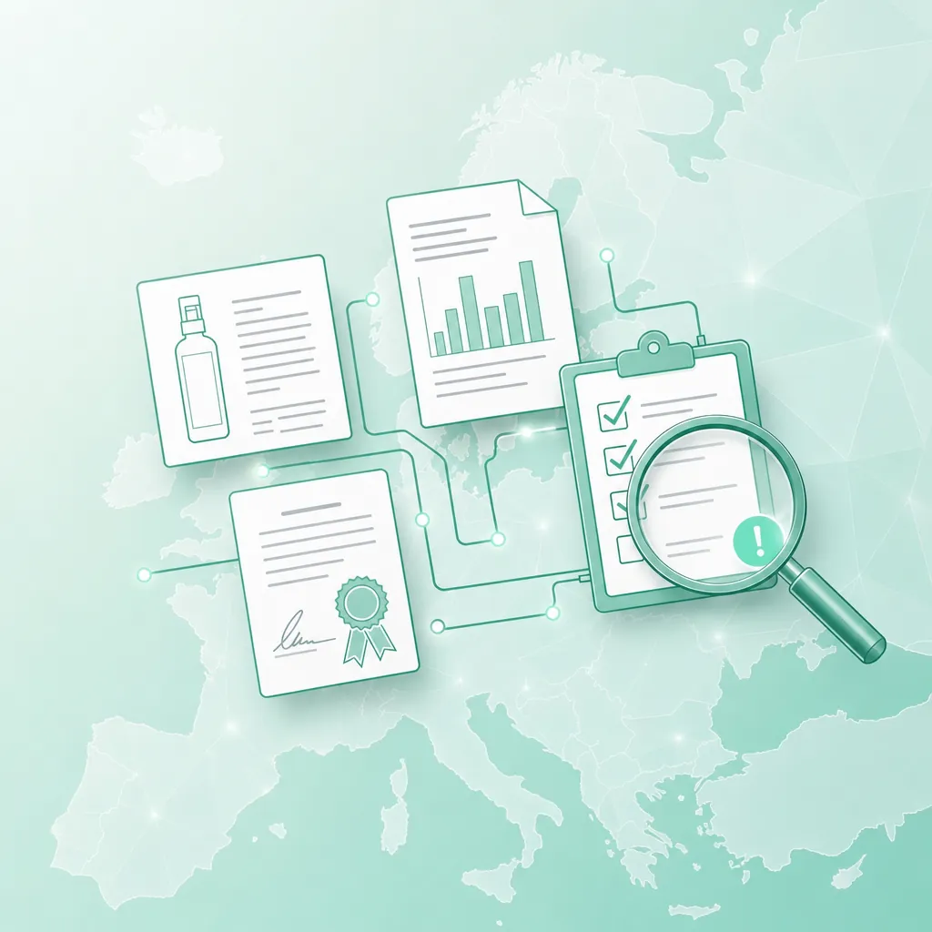 Product documents, a certificate and a checklist being examined under a magnifying glass, over a map of Europe.