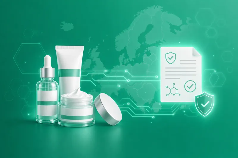 Cosmetic bottles and jars beside a safety document with a shield and tick.