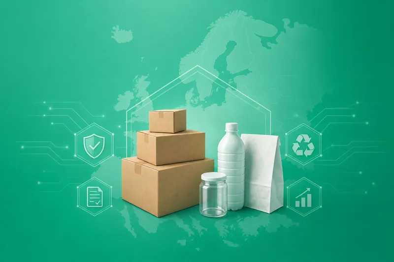 Cardboard boxes, bottles and a paper bag with recycling and registration icons.