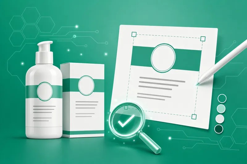 Product packaging beside a label layout being designed and checked with a magnifier.