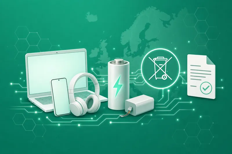 A laptop, phone, headphones and batteries beside a crossed-out wheelie bin symbol.